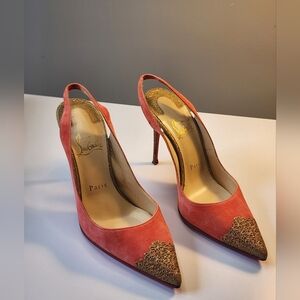 Authentic Christian Louboutin Coral Suede Slingback Pumps with Gold Toe Detail